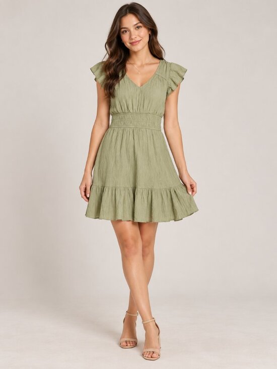 mine Dresses & Skirts - MINE Sage Green Crinkle Ruffle Sleeve Shirred Waist Mini Dress M